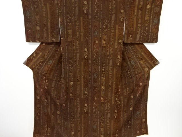 縮緬地竹縞に花模様小紋着物